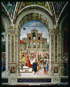 Aeneas Sylvius Piccolomini (1405-64) er kronet poetprisvinner av Frederick III (1415-93) i 1442 av Bernardino di Betto Pinturicchio