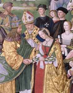 Aeneas Sylvius Piccolomini (1405-64) presenterer Eleonora av Aragon til Frederick III (1415-93) av Bernardino di Betto Pinturicchio