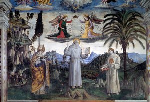 Glory of Bernardino of Siena. Detalj av Saint mellom Saint Louis av Anjou og Saint Anthony of Padua (Fresco, ca. 1486) av Bernardino di Betto Pinturicchio