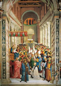 Italia, Siena, katedralen, Piccolomini-biblioteket, kroningen av pave Pius II, detalj fra Historier om Pius II av Bernardino di Betto Pinturicchio