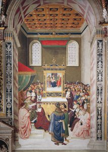 Italia, Siena, katedralen, Piccolomini-biblioteket, Enea Silvio Piccolomini mottar kardinalhatt fra Calixtus III, detalj fra Stories of Pius II av Bernardino di Betto Pinturicchio