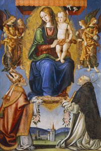Madonna og barn med St Severino og Dominic (tempera på lerret) av Bernardino di Mariotto