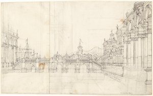 En Capriccio av palasser og en loggia som vender mot en klassisk bro av Bernardo Bellotto