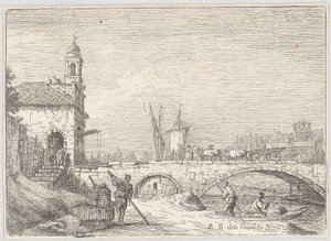 Capriccio med en bro og en portbygning i stil med Porta Portello i Padova av Bernardo Bellotto