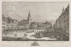 Altmarkt i Dresden sett fra Schlossstraße, blad fra serien «Dresden-vedutter» av Bernardo Bellotto