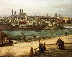 Utsikt over München fra Haidhausen med elven Isar i sentrum, detalj av Bernardo Bellotto