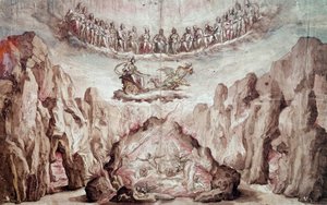 Prosjekt for innredning og maskineri til et mellomprodukt, Le Tromphe de Circe. Tegning av Bernardo Buontalenti dit delle Girandole (ca. 1523-1608) Søn 0,46x0,72 m. Paris, Louvre-museet