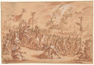 En hellig biskop kneler ved siden av prosesjonen til en romersk imperator av Bernardo Castello (attributed to)