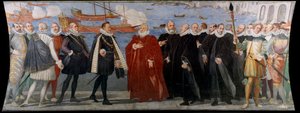 Dogen Giacomo Durazzo Grimaldi mottar Juan av Østerrike i havnen i Genes (Fresco)