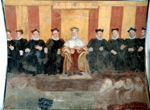 The Doge of Genes Giacomo Durazzo Grimaldi (ca. 1503-1579) omgir med Senators Fresco av Bernardo Castello (1557-1629) 1500-tallets gener, Museo di Sant 