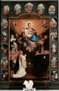 Jomfru med barn og rosenkransens mysterier - Maleri av Bernardo Castello (1557-1629) (i midten) og Paolo Gerolamo Piola (1666-1724) Santa Margherita Ligure, Santa Margherita-kirken, Italia
