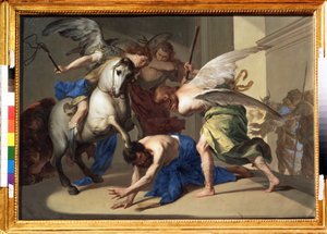 ""Utdrivelsen av Heliodorus fra tempelet"" (Utdrivelsen av Heliodorus fra tempelet) Heliodorus (Heliodoros) blir utvist fra templet for å ha forsøkt, etter ordre fra sin suveren, å gripe skattene i Jerusalems tempel. Maleri av Bernardo Cavallino