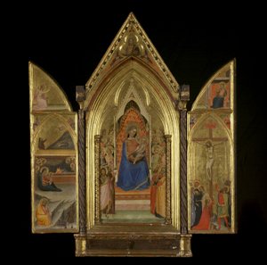 Jomfruen og barnet tronet med hellige (midtpanel) (recto) av Bernardo Daddi