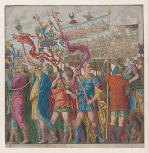 Ark 1: Soldater som bærer bannere som viser Julius Caesars triumferende militære bedrifter,..., 1599.