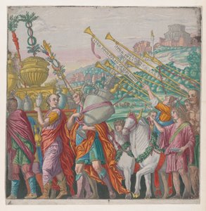 Ark 4: Menn som bærer trofeer til venstre, trompetister til høyre, fra The Triumph of Julius Ca..., 1599.