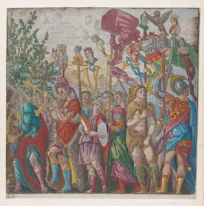 Ark 7: prosesjon av musikere og andre som holder standarder, fra The Triumph of Julius ..., 1599.