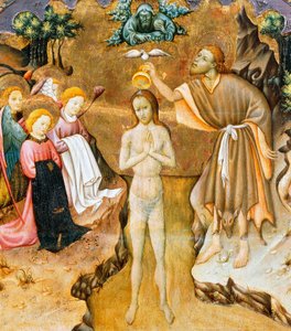 Kristi dåp, detalj fra predellaen til en altertavle fra Vic-katedralen, av Bernat Martorell (ca 1400-1452), malt på tre. katalansk gotisk kunst.