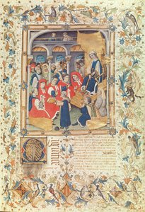 Forfatteren presenterer boken sin for rådmennene i Barcelona i nærvær av dronning Maria, kona til Alfonso V av Bernardo Martorell