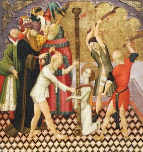 Flagellasjonen av St Eulalia, detalj fra predellaen til en altertavle fra Vic-katedralen, av Bernat Martorell (ca 1400-1452), malt på tre. katalansk gotisk kunst.
