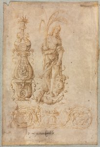Design for en candelabrum, allegorisk figur av overflod, dekorativt relieffdesign, ca. 1490-tallet. av Bernardo Parentino