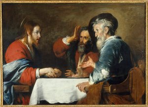 Kristus har Emmaus Kristus viser seg for pilegrimene som sitter ved et bord i et vertshus i Emmaus. Maleri av Bernardo Strozzi (1581-1644) 1640 Søn. 1,24x1,72 m Grenoble, Musee des Beaux Arts av Bernardo Strozzi