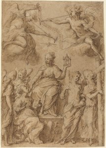 Ecclesia omgitt av engler som holder lidenskapens instrumenter av Bernardo Strozzi