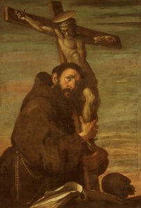 Frans av Assisi omfavner et krusifiks, c1600-1640. av Bernardo Strozzi