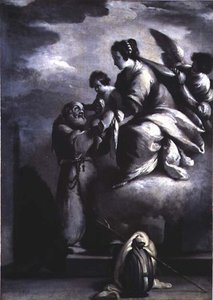 Jomfruen holder fram Kristusbarnet til den salige Felix av Cantalice av Bernardo Strozzi