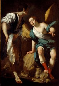 Den unge Tobie og erkeengelen Raphael (Tobie og engelen) Maleri av Bernardo Strozzi (1581-1644) 1600-tallsgener, privat samling av Bernardo Strozzi