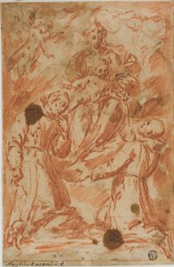 Jomfru og barn i herlighet tilbedt av to munkehellige av Bernardo Strozzi