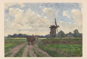 Landskap med mølle og vogn i Vorden av Bernardus Bueninck (signed by artist)