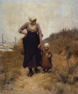 Mor og barn på vei ved havet