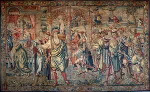 Ødipus syklus: Laios konsulterer oraklet i Delphi - I sentrum, med suiten sin, kneler han ved inngangen til templet - Til venstre, på en himmelseng, er Jocaste omgitt av damene ved hoffet hans som lærer ham forsvinningen av hans nye ne -