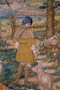 flamsk billedvev. Serien The Foundation of Rome: Faustulus møter Romulus og Remus. Tegner Barend van Orley (?). Brussel produksjon. 1525-1530. Detalj.