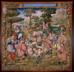 flamsk billedvev. Serien The Foundation of Rome: Faustulus møter Romulus og Remus. Tegner Barend van Orley (?). Brussel produksjon. 1525-1530.