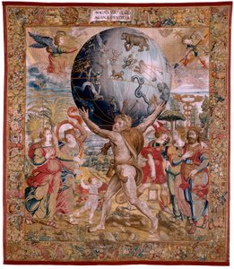 flamsk billedvev. Serien The Spheres. Hercules som støtter himmelsfæren (Hércules sostiene la esfera celeste). Første billedvev i serien. Modell Barend van Orley eller Pieter Coecke van Aelst. 1525-1530. Produksjon Joris Vezeleer (Georg Wezeler)?, B