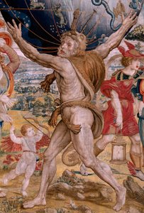 flamsk billedvev. Serien The Spheres. Hercules som støtter himmelsfæren (Hércules sostiene la esfera celeste). Første billedvev i serien. Modell Barend van Orley eller Pieter Coecke van Aelst. 1525-1530. Produsere Joris Vezeleer (Georg Wezeler)?,