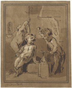 Tre putti nær en ambolt av Bernhard Schreuder