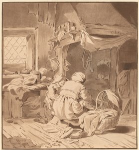 Interiør i et bondehus med to kvinner, 1772, utgitt 1787. av Bernhard Schreuder