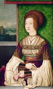 Familie av keiser Maximilian I: portrett av keiserinne Bianca Maria (Blanche-Marie) Sforza (1472-1510)"" - Portrett av Bianca Maria Sforza (1472-1510), den andre kona til Maximilian I, den hellige romerske keiseren av Strigel, Bernhard (ca 1460-1528) (elle