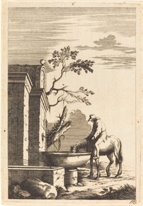 Hest og rytter ved en fontene av Bernhard Zaech after Jonas Umbach