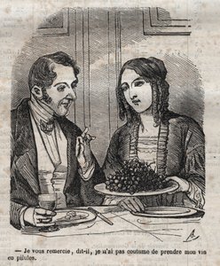 Takk, jeg er ikke vant til å ta vinen min i piller (drue) - gravering i "La Physiologie du gout"" av Jean Anthelme Brillat Savarin (Brillat-Savarin)