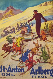 St. Anton, Arlberg, ca. 1930 (farge litho) av Bertha Czegka