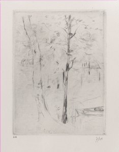 Landskaps-trestammer nær en elv, 1888. av Berthe Morisot