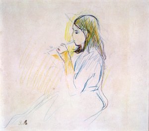 Manets datter spiller blokkfløyten (farget blyant på papir) av Berthe Morisot