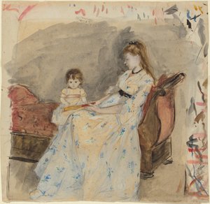 The Artists Sister, Edma, with Her Daughter, Jeanne, 1872 (wc over grafitt på lagt papir) av Berthe Morisot