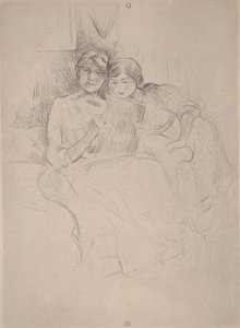 Tegneleksjonen - Berthe Morisot tegner med datteren sin, ca. 1889-90 (tørrpunkt) av Berthe Morisot