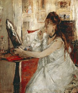 Ung kvinne pulveriserer ansiktet hennes (olje på lerret av Berthe Morisot