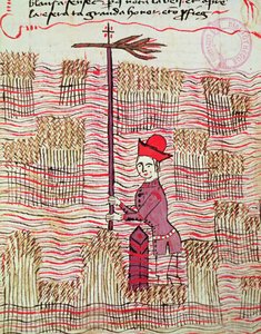 Ms 327 fol.197r Surveyor in a field, fra Traite dArpentage av Arnaud de Villeneuve (1240-1312) av Bertrand Boysset