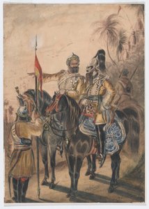 To ridende offiserer og en demontert sowar, 4th Bengal Irregular Cavalry, ca. 1850 (akvarell) av Bethune Donald Grant